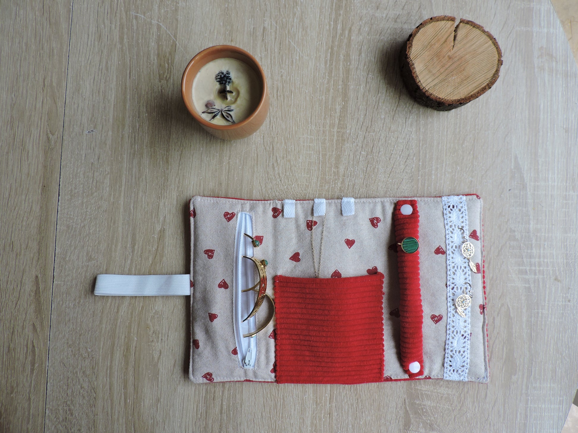 Pochette à Bijoux Velours côtelé Rouge Coeur