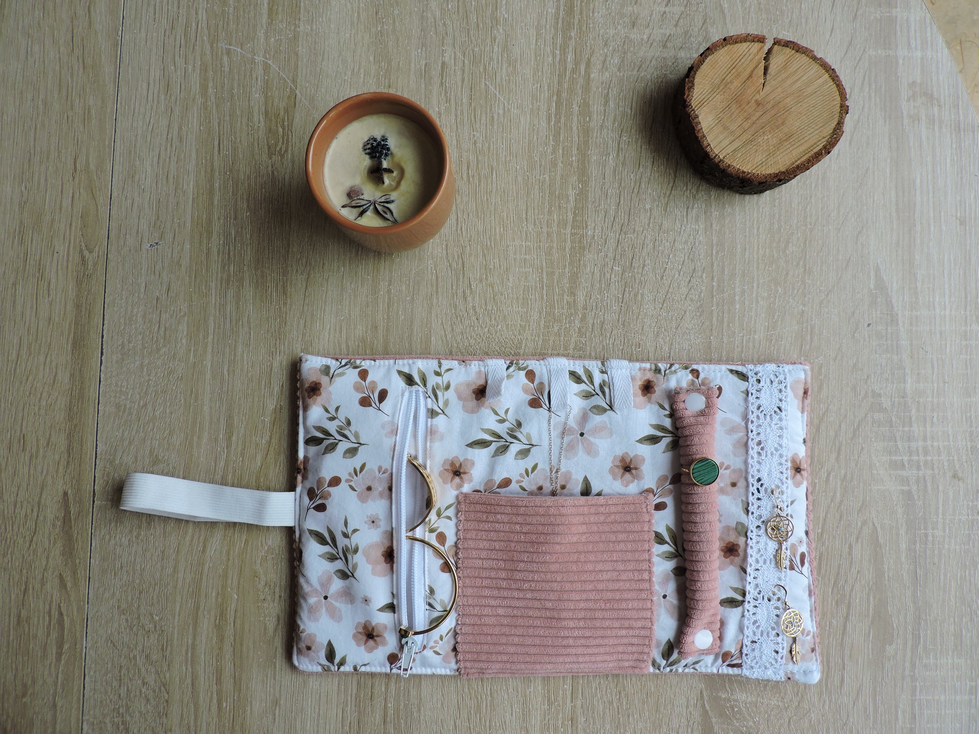 Pochette à Bijoux Velours côtelé Rose Fleur