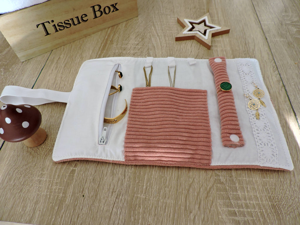 Pochette à Bijoux Velours côtelé Rose